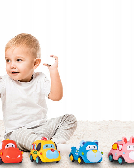 Sensoriniai guminiai automobiliukai 4 minkšti su atsukamu varikliu vaikams