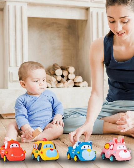 Sensoriniai guminiai automobiliukai 4 minkšti su atsukamu varikliu vaikams