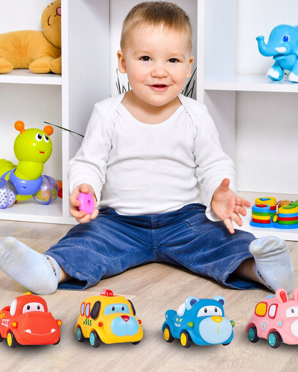 Sensoriniai guminiai automobiliukai 4 minkšti su atsukamu varikliu vaikams