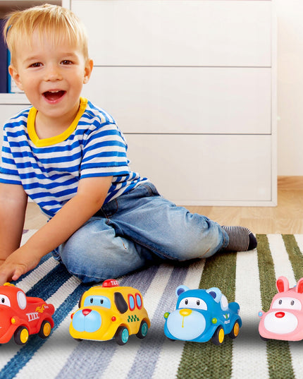 Sensoriniai guminiai automobiliukai 4 minkšti su atsukamu varikliu vaikams