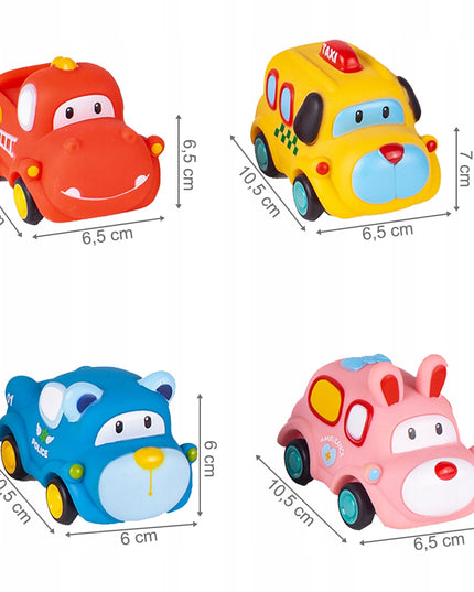 Sensoriniai guminiai automobiliukai 4 minkšti su atsukamu varikliu vaikams