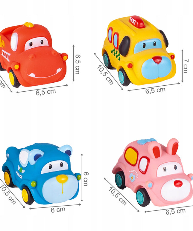 Sensoriniai guminiai automobiliukai 4 minkšti su atsukamu varikliu vaikams