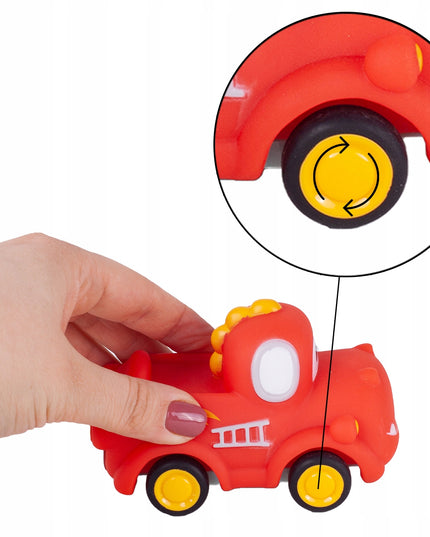 Sensoriniai guminiai automobiliukai 4 minkšti su atsukamu varikliu vaikams