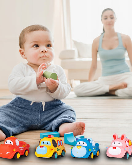 Sensoriniai guminiai automobiliukai 4 minkšti su atsukamu varikliu vaikams