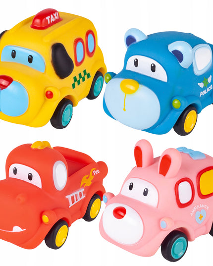 Sensoriniai guminiai automobiliukai 4 minkšti su atsukamu varikliu vaikams