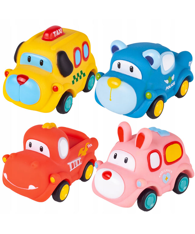 Sensoriniai guminiai automobiliukai 4 minkšti su atsukamu varikliu vaikams
