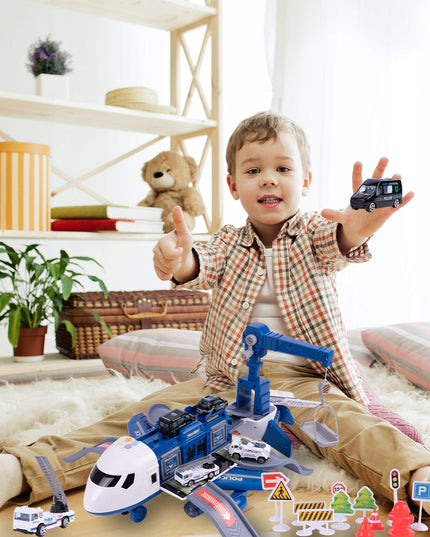 Didelis interaktyvus sulenčiamas lėktuvas, parkavimo aikštelė, kranas, policijos žaislas vaikams