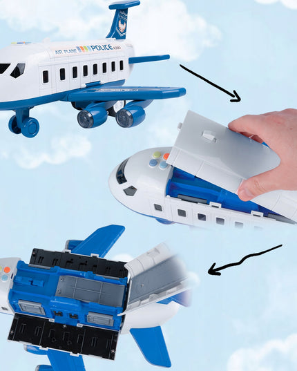 Didelis interaktyvus sulenčiamas lėktuvas, parkavimo aikštelė, kranas, policijos žaislas vaikams