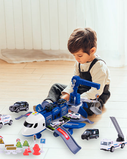 Didelis interaktyvus sulenčiamas lėktuvas, parkavimo aikštelė, kranas, policijos žaislas vaikams