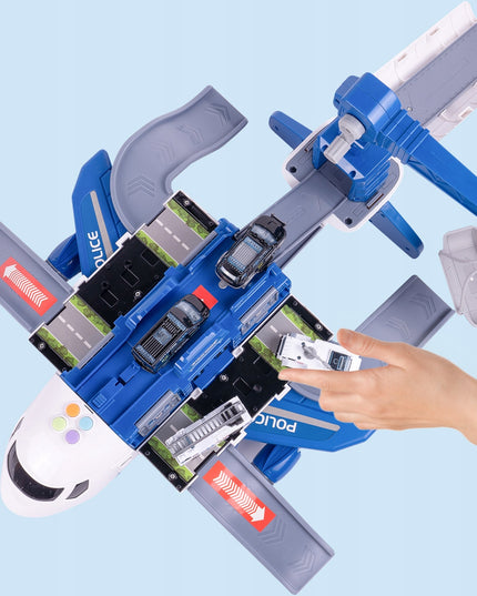 Didelis interaktyvus sulenčiamas lėktuvas, parkavimo aikštelė, kranas, policijos žaislas vaikams