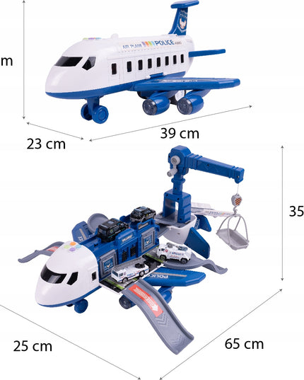 Didelis interaktyvus sulenčiamas lėktuvas, parkavimo aikštelė, kranas, policijos žaislas vaikams