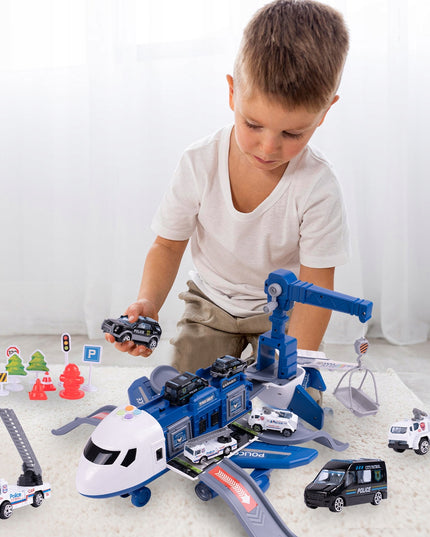 Didelis interaktyvus sulenčiamas lėktuvas, parkavimo aikštelė, kranas, policijos žaislas vaikams