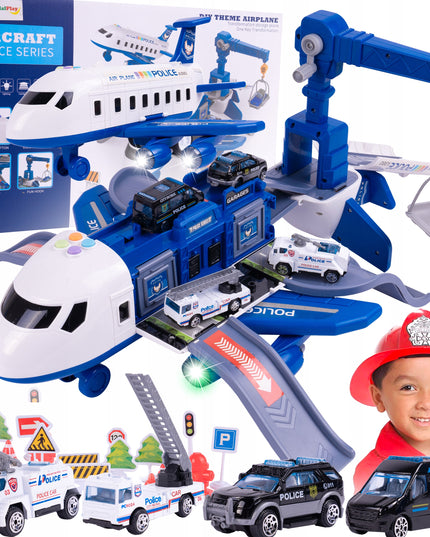 Didelis interaktyvus sulenčiamas lėktuvas, parkavimo aikštelė, kranas, policijos žaislas vaikams