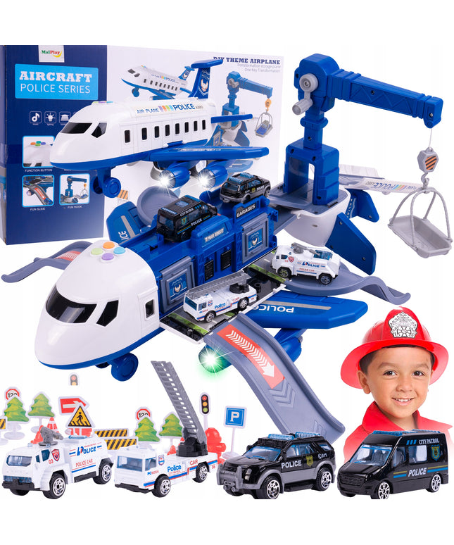 Didelis interaktyvus sulenčiamas lėktuvas, parkavimo aikštelė, kranas, policijos žaislas vaikams
