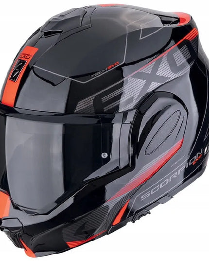 Motociklininko šalmas modulinis Scorpion Exo-Tech Evo Traveller Black Red, S dydis