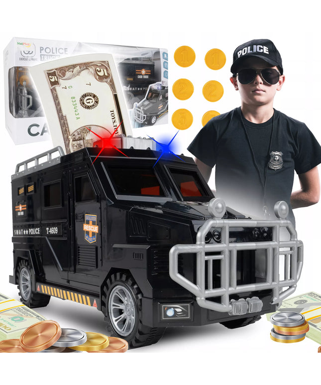 SEIFAS-TAUPYKLĖ BANKOMATAS POLICIJOS AUTOMOBILIS MONETOMS, BANKNOTAMS, PIN KODUI VAIKAMS