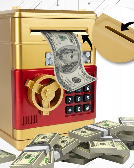 Elektroninė seifo tipo taupyklė vaikams, atidaroma PIN kodu, skirta banknotams ir monetoms