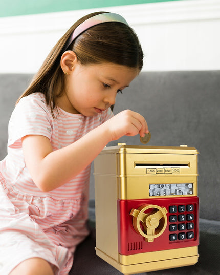 Elektroninė seifo tipo taupyklė vaikams, atidaroma PIN kodu, skirta banknotams ir monetoms