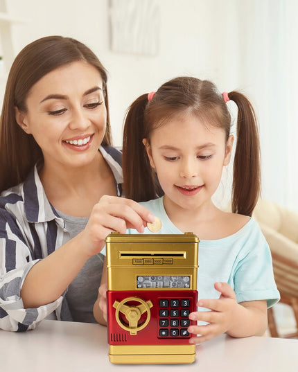 Elektroninė seifo tipo taupyklė vaikams, atidaroma PIN kodu, skirta banknotams ir monetoms