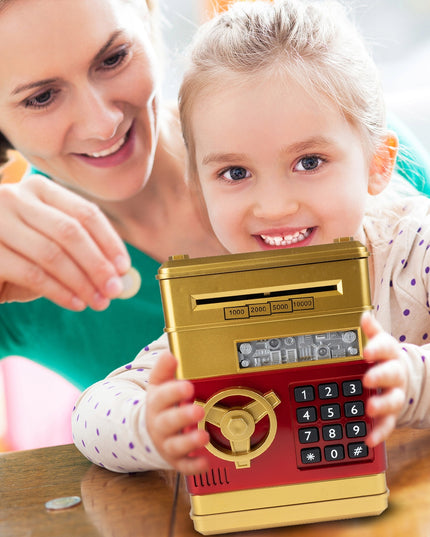 Elektroninė seifo tipo taupyklė vaikams, atidaroma PIN kodu, skirta banknotams ir monetoms
