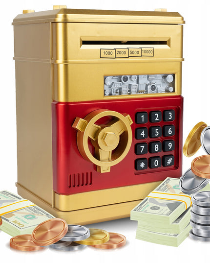 Elektroninė seifo tipo taupyklė vaikams, atidaroma PIN kodu, skirta banknotams ir monetoms