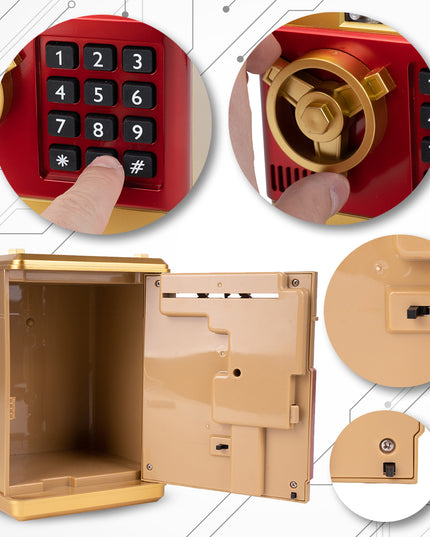 Elektroninė seifo tipo taupyklė vaikams, atidaroma PIN kodu, skirta banknotams ir monetoms
