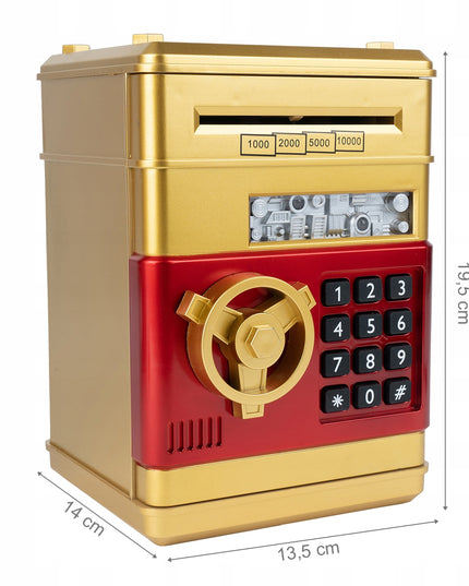 Elektroninė seifo tipo taupyklė vaikams, atidaroma PIN kodu, skirta banknotams ir monetoms