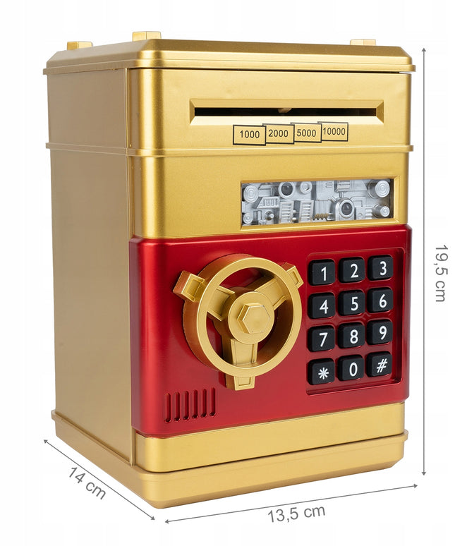 Elektroninė seifo tipo taupyklė vaikams, atidaroma PIN kodu, skirta banknotams ir monetoms