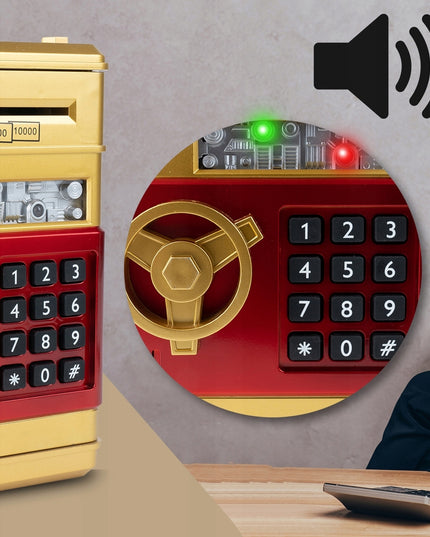 Elektroninė seifo tipo taupyklė vaikams, atidaroma PIN kodu, skirta banknotams ir monetoms