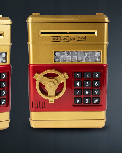 Elektroninė seifo tipo taupyklė vaikams, atidaroma PIN kodu, skirta banknotams ir monetoms