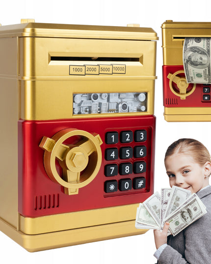 Elektroninė seifo tipo taupyklė vaikams, atidaroma PIN kodu, skirta banknotams ir monetoms
