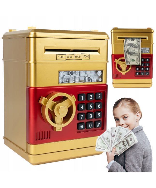 Elektroninė seifo tipo taupyklė vaikams, atidaroma PIN kodu, skirta banknotams ir monetoms
