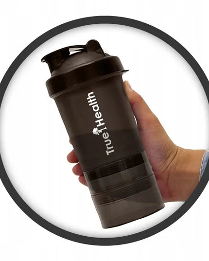 True Health sportinis shakeris 400 ml su sieteliu, spyruokle ir dviem papildomais indeliais
