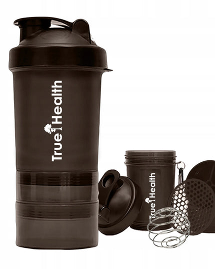 True Health sportinis shakeris 400 ml su sieteliu, spyruokle ir dviem papildomais indeliais
