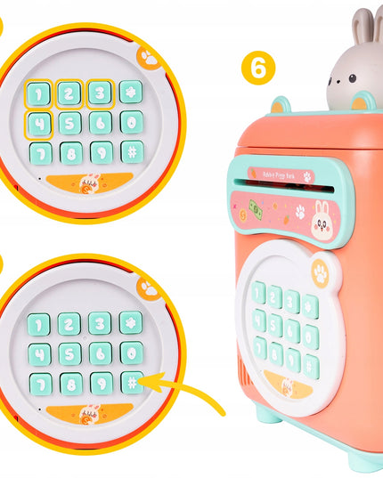 Taupyklė zuikutis, seifas banknotams ir monetoms, bankomat su PIN kodu