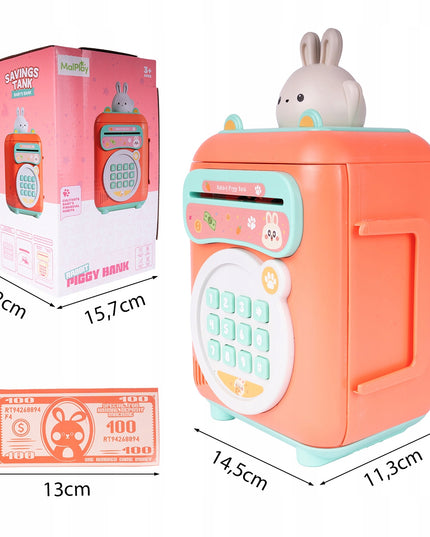 Taupyklė zuikutis, seifas banknotams ir monetoms, bankomat su PIN kodu