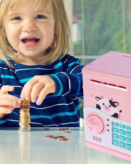 Rožinė kiaulytė taupyklė-seifas vaikams, banknotams ir monetoms, su kodu, žaislas