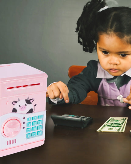 Rožinė kiaulytė taupyklė-seifas vaikams, banknotams ir monetoms, su kodu, žaislas