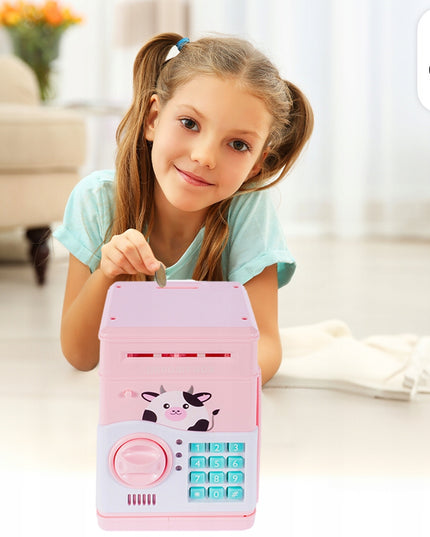 Rožinė kiaulytė taupyklė-seifas vaikams, banknotams ir monetoms, su kodu, žaislas