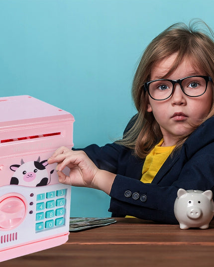 Rožinė kiaulytė taupyklė-seifas vaikams, banknotams ir monetoms, su kodu, žaislas
