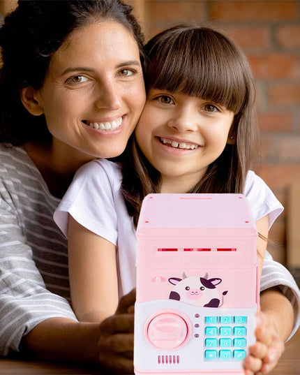 Rožinė kiaulytė taupyklė-seifas vaikams, banknotams ir monetoms, su kodu, žaislas