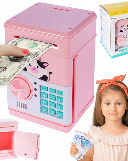 Rožinė kiaulytė taupyklė-seifas vaikams, banknotams ir monetoms, su kodu, žaislas