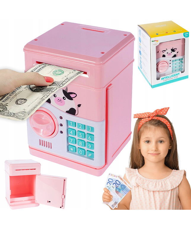 Rožinė kiaulytė taupyklė-seifas vaikams, banknotams ir monetoms, su kodu, žaislas