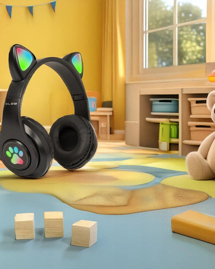Belaidės ausinės vaikams BLUETOOTH su mikrofonu katės ausytės LED RGB