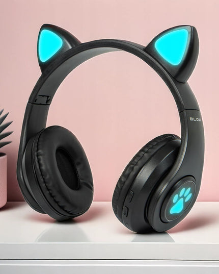 Belaidės ausinės vaikams BLUETOOTH su mikrofonu katės ausytės LED RGB