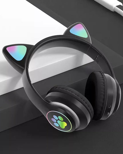 Belaidės ausinės vaikams BLUETOOTH su mikrofonu katės ausytės LED RGB