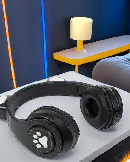 Belaidės ausinės vaikams BLUETOOTH su mikrofonu katės ausytės LED RGB