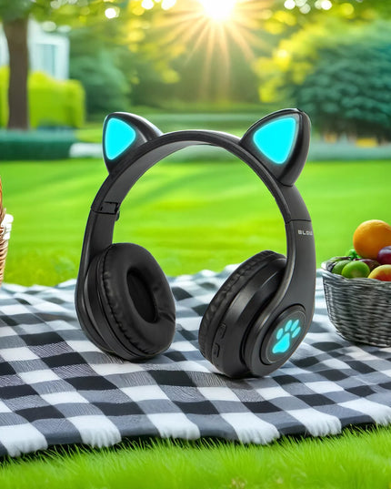 Belaidės ausinės vaikams BLUETOOTH su mikrofonu katės ausytės LED RGB