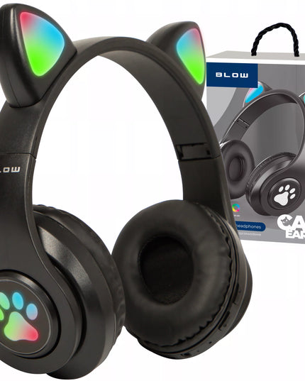 Belaidės ausinės vaikams BLUETOOTH su mikrofonu katės ausytės LED RGB
