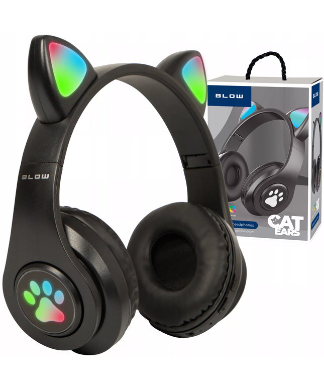 Belaidės ausinės vaikams BLUETOOTH su mikrofonu katės ausytės LED RGB